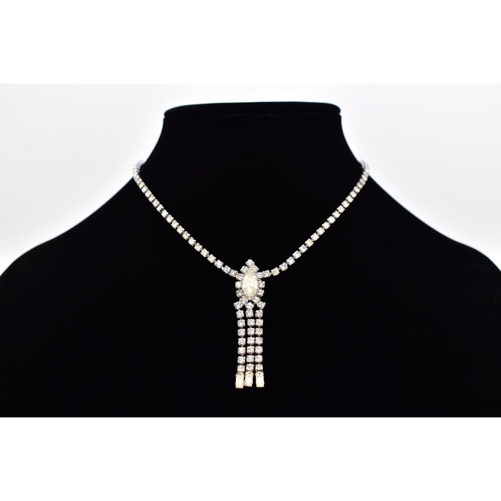 Vintage ASTRA Rhinestone Necklace Marquise Center Tassel Drop Silver Tone BinBQ